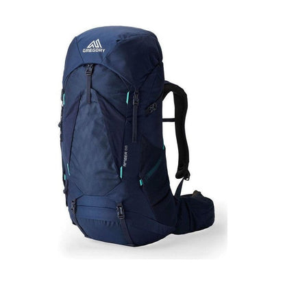 Side view of the Gregory Amber 68 Plus backpack in Arctic Navy with visible straps and zippers against a white background.