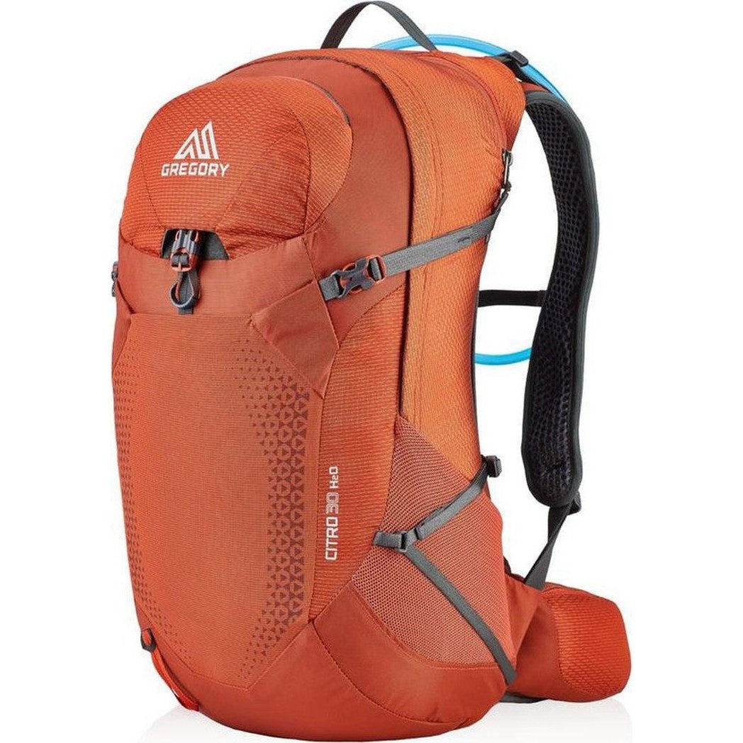 Side view of the Spark Orange Gregory Citro 30 H20 showing the hydration tube and black shoulder straps against a white background.