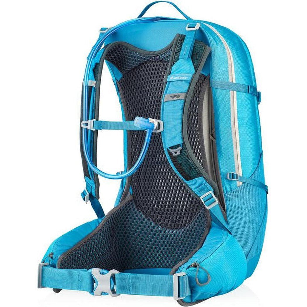 Back view of the Gregory Juno 30 H20 in Laguna Blue showing the breathable mesh back panel and hydration tube.