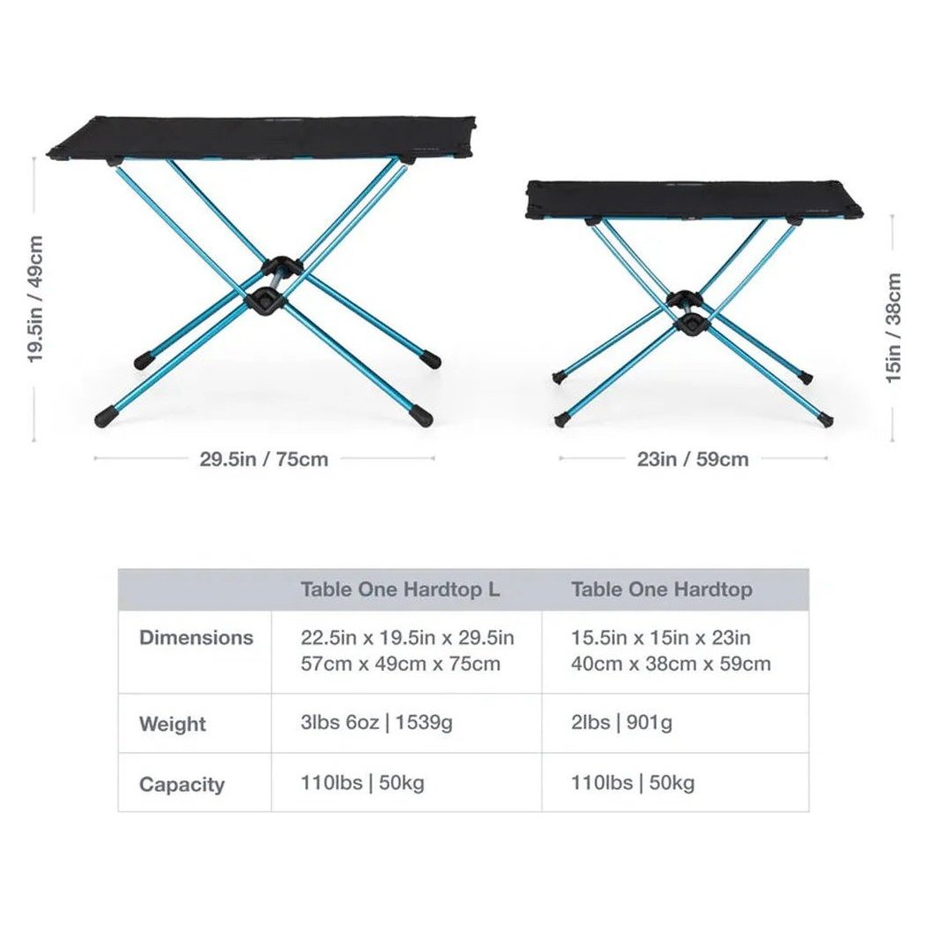 Two Helinox Table One Hard Top camping tables in black, one larger and one smaller, with blue legs, displayed side by side against a white background.