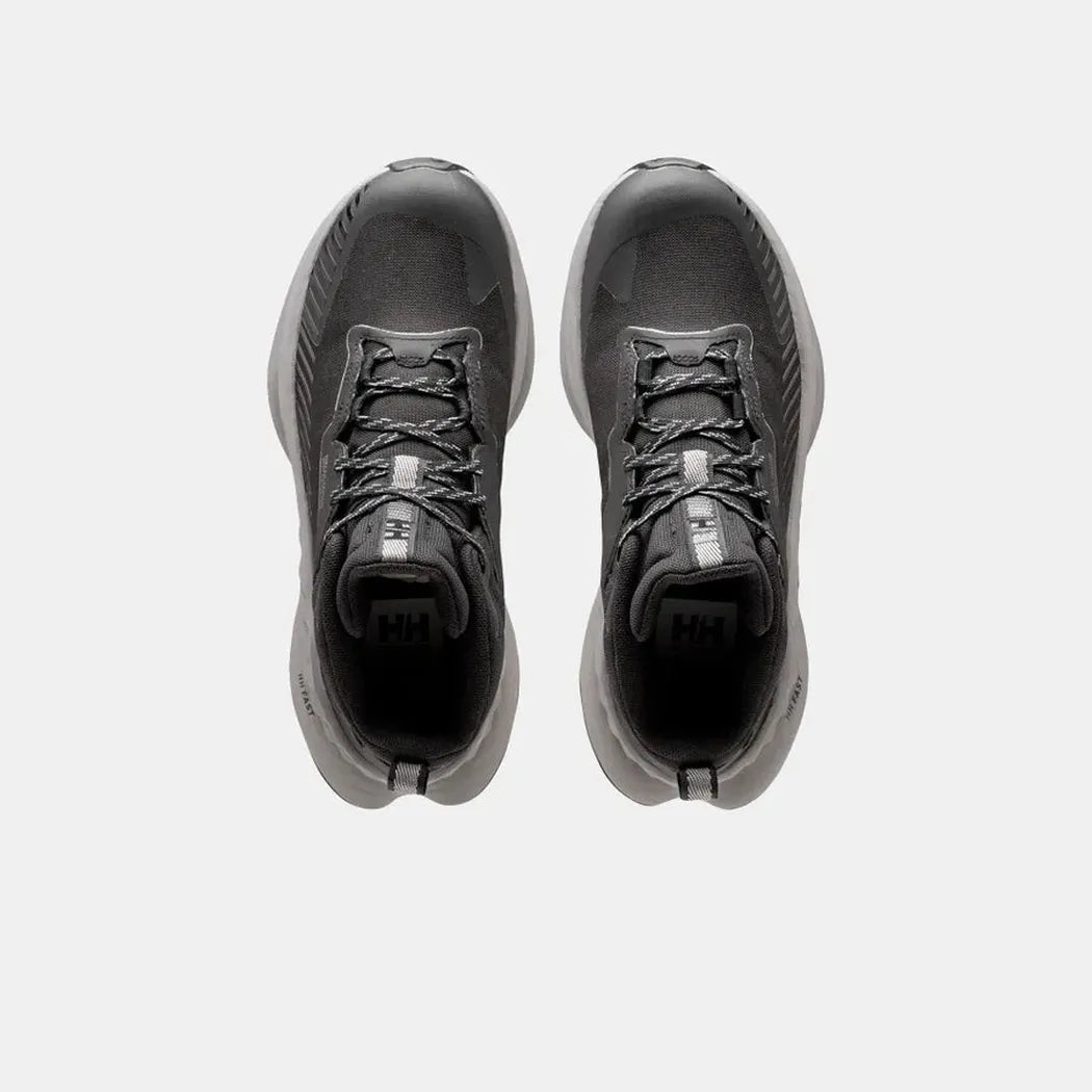 Top view of the Helly Hansen Men's AWE Hiker Mid HELLY TECH Boots in Black/Quiet Shade against a white background.