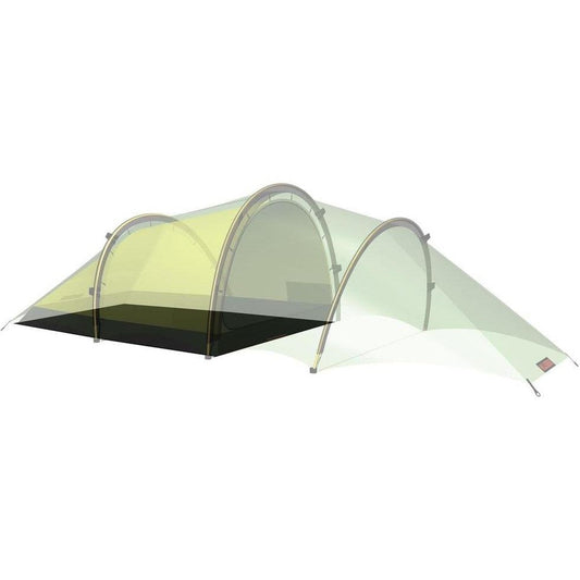 A side view of the Hilleberg Anjan 3/Anjan 3 GT Footprint tent footprint with a black floor and light green mesh, set against a white background.