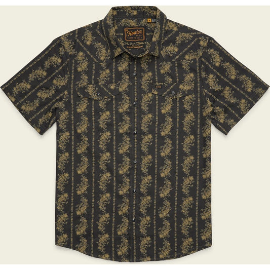 Front view of the Howler Brothers H Bar B Snapshirt in Grampa’s Curtains : Antique Black showing the short sleeves and chest pockets against a light background.