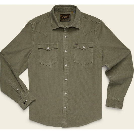 Front view of the Howler Brothers Men's Banning Corduroy Snapshirt in Aloe with two chest pockets and buttoned cuffs.