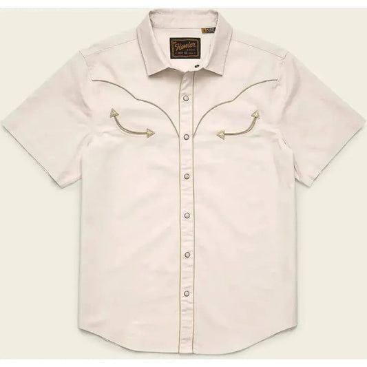 A front view of the Howler Brothers Men's Broncbuster Snapshirt in Sand showing the snap front and chest pockets against a light background.