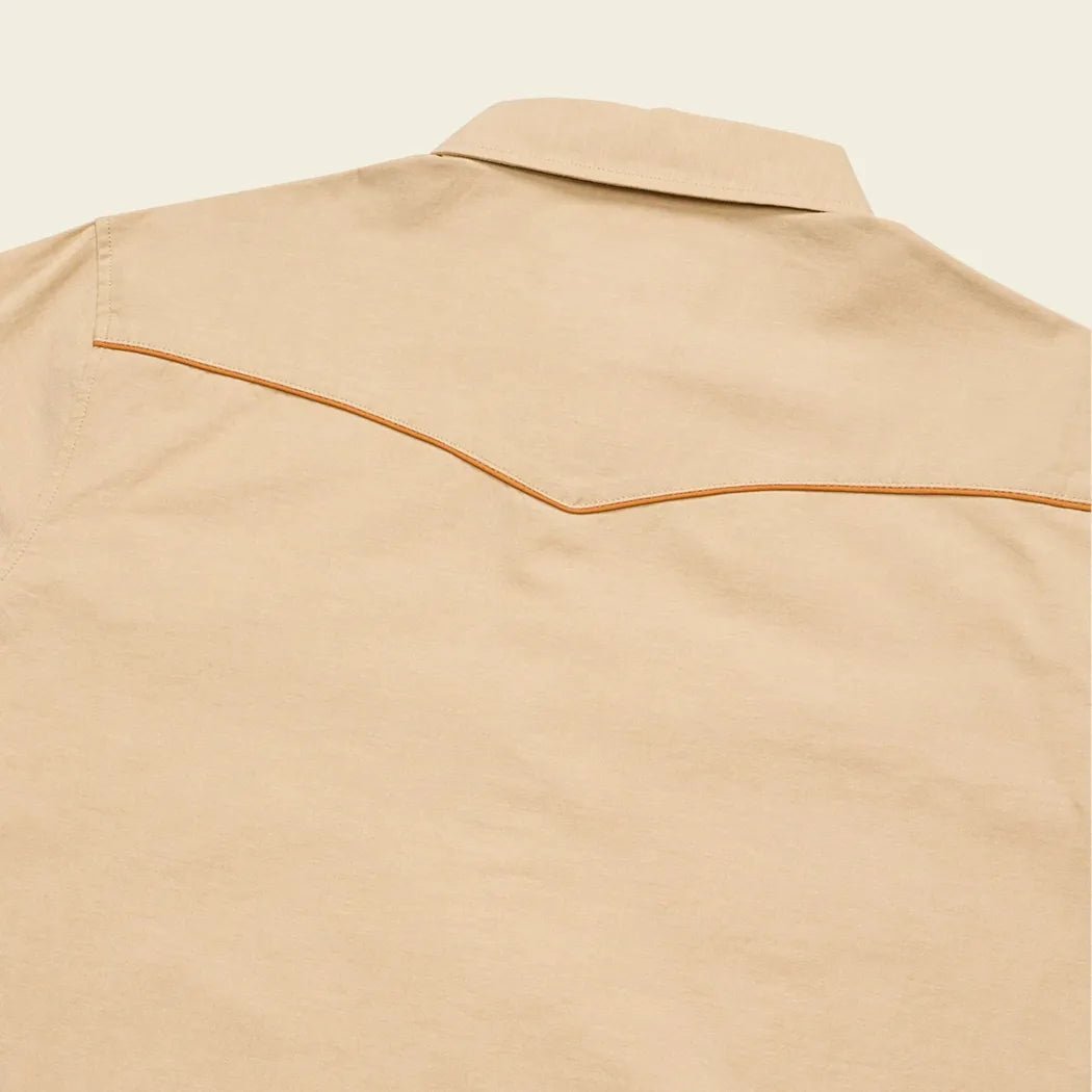 Back view of the Howler Brothers Men's Crosscut Deluxe Longsleeve in El Sol : Gold showing the collar and a brown stitching detail.