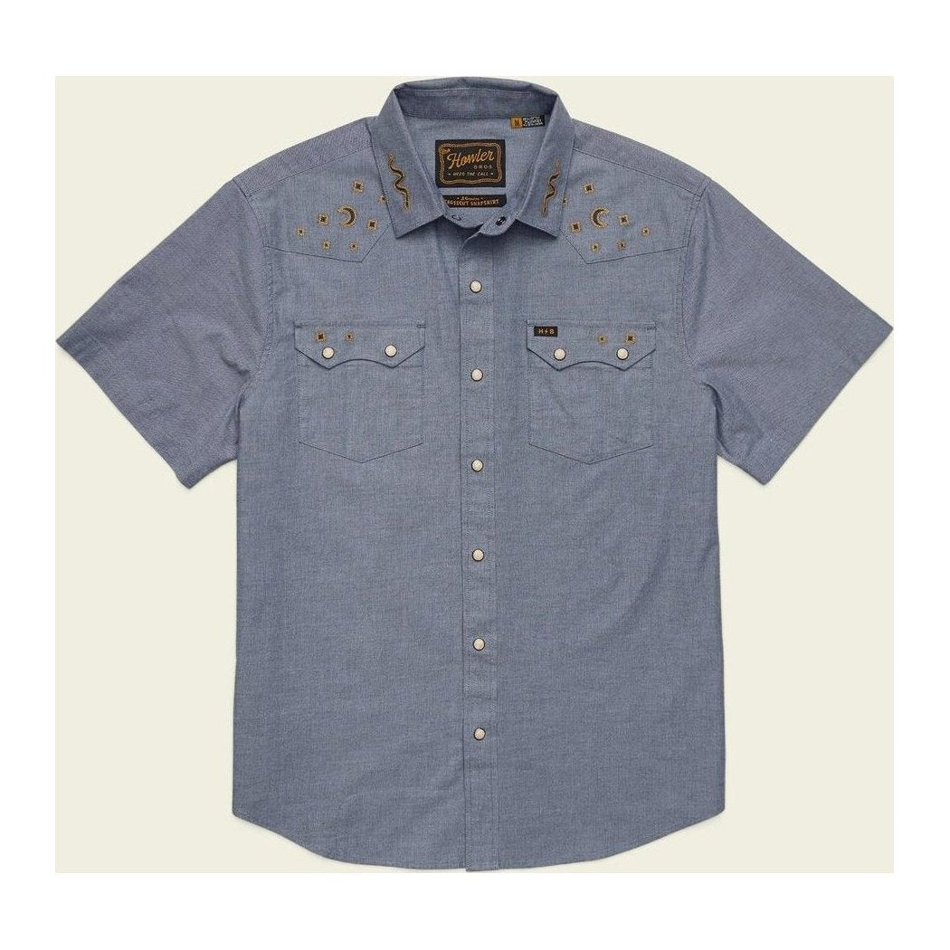 Howler Brothers Men's Crosscut Deluxe Shortsleeve-Men's - Clothing - Tops-Noche de Paz: Indigo Chambray-M-Appalachian Outfitters