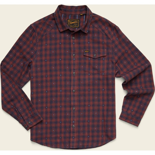 Front view of the Howler Brothers Men's La Grange Lightweight Flannel in Franklin Plaid: Brick House with a button-up front and chest pocket against a light background.