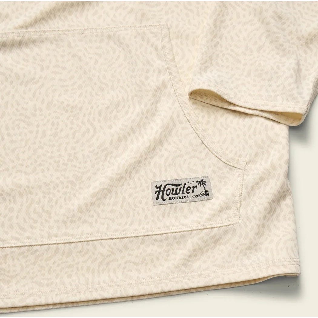 A close-up of the Howler Brothers Men's Loggerhead Hoodie in Meridians Plains showing the front pocket and logo on a light background.