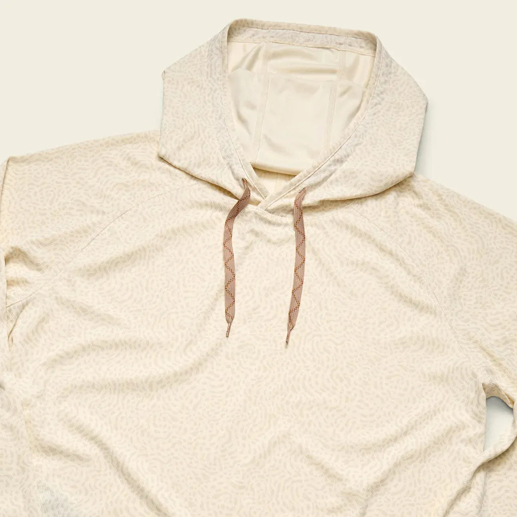 A flat lay photo of the Howler Brothers Men's Loggerhead Hoodie in Meridians Plains color, showing the hood and drawstrings against a light background.