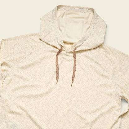 A flat lay photo of the Howler Brothers Men's Loggerhead Hoodie in Meridians Plains color, showing the hood and drawstrings against a light background.