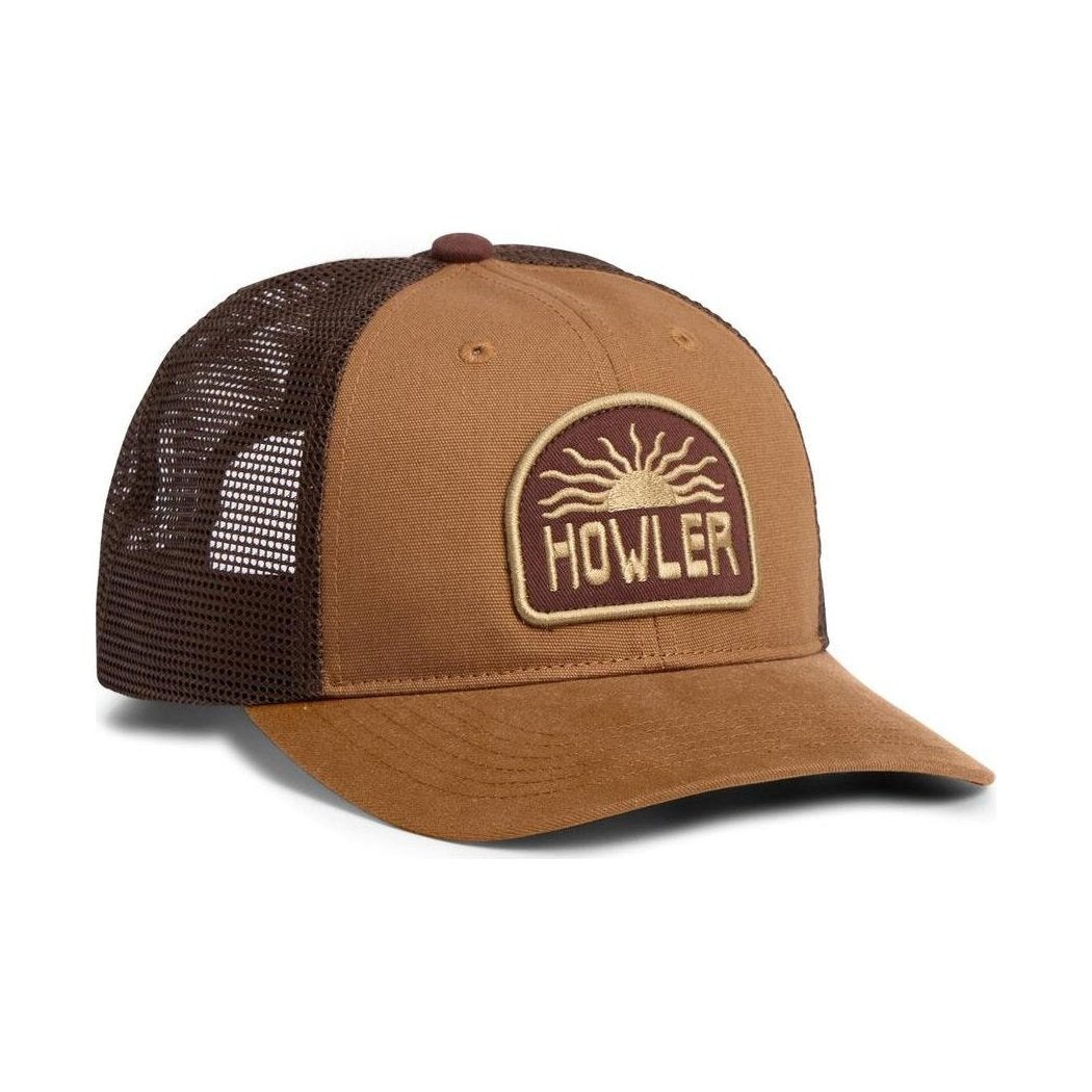A front view of the Howler Brothers El Sol : Brown trucker hat with mesh back and a brown brim, showing the embroidered patch against a white background.