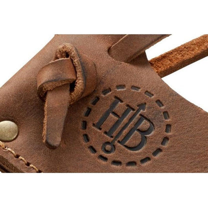 A close-up of the Hults Bruk Hult / Kvillinge /Jakobsdal Replacement Sheath in brown leather showing the embossed HB logo and a leather loop.
