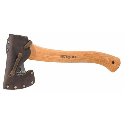 A side view of the Hults Bruk Hultån Hatchet with a 16” handle and 1 lb head against a white background.