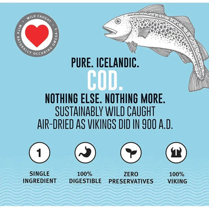 A photo of Icelandic Cod Skin Braids for Dogs (5pk) showing the product name and a fish illustration on a light blue background.