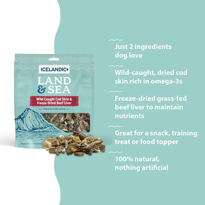Icelandic+ Land & Sea Cod Skin & Freeze-Dried Beef Liver Treats for Dogs | 2.4 oz-Pets - Treats-Icelandic+-Appalachian Outfitters