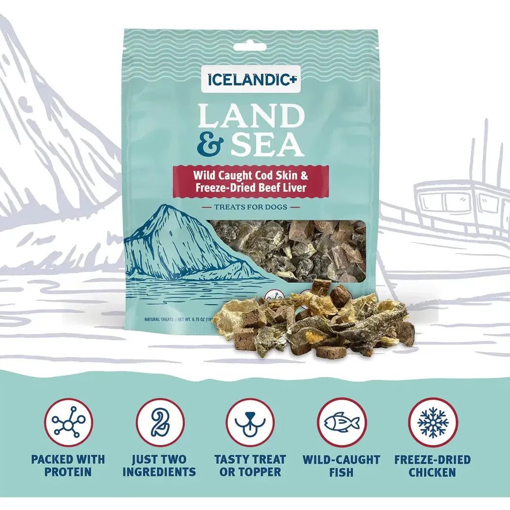 Icelandic+ Land & Sea Cod Skin & Freeze-Dried Beef Liver Treats for Dogs | 2.4 oz-Pets - Treats-Icelandic+-Appalachian Outfitters