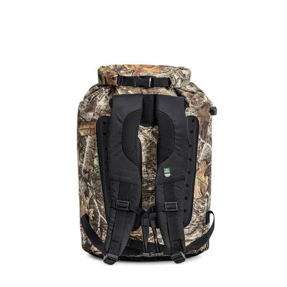 Back view of the IceMule Coolers Pro Cooler Large 23L showing padded shoulder straps and a camouflage exterior against a white background.