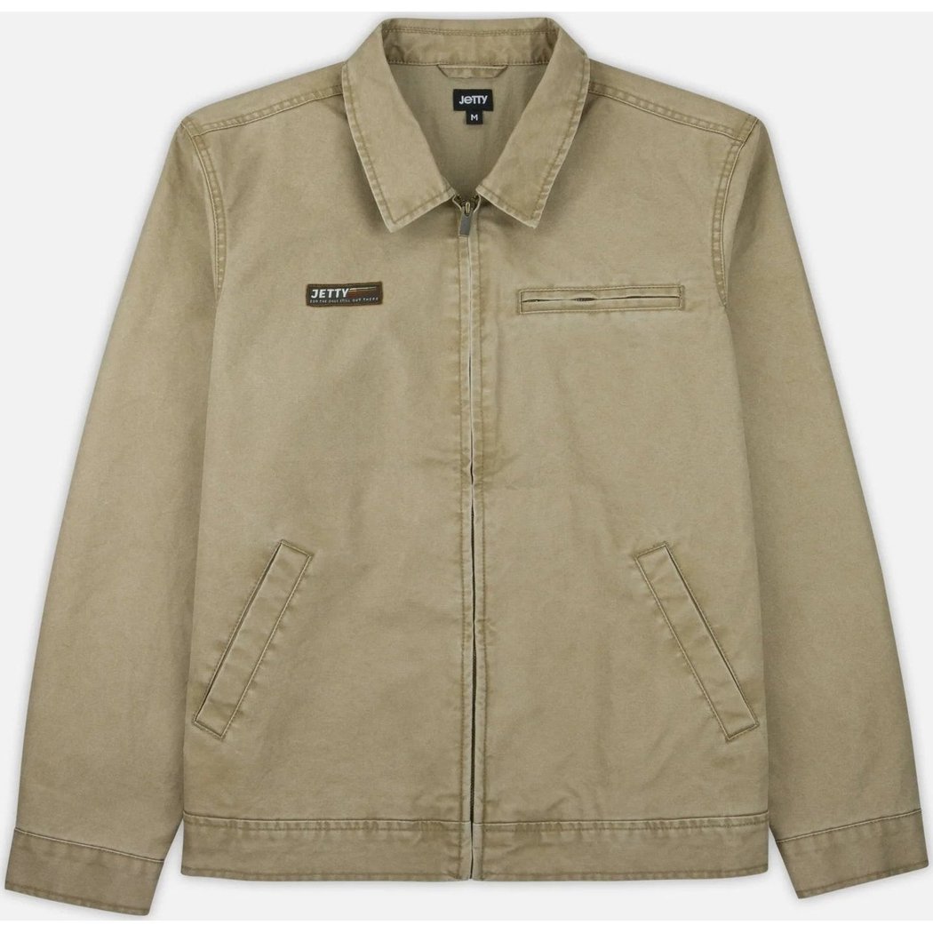 Front view of the Jetty Bradley Canvas Jacket in Brown showing the zip front and chest pocket against a white background.