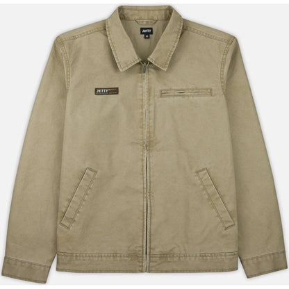 Front view of the Jetty Bradley Canvas Jacket in Brown showing the zip front and chest pocket against a white background.