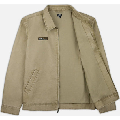 Front view of the Jetty Bradley Canvas Jacket in Brown showing the chest pocket and open front against a white background.