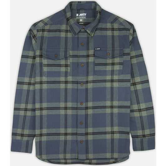 Front view of the Jetty Breaker Flannel in Indigo showing the button-up front and chest pockets.