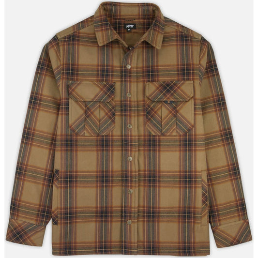 Front view of the Jetty Hull Jacket - Light Brown in brown plaid with chest pockets and a button-down collar.