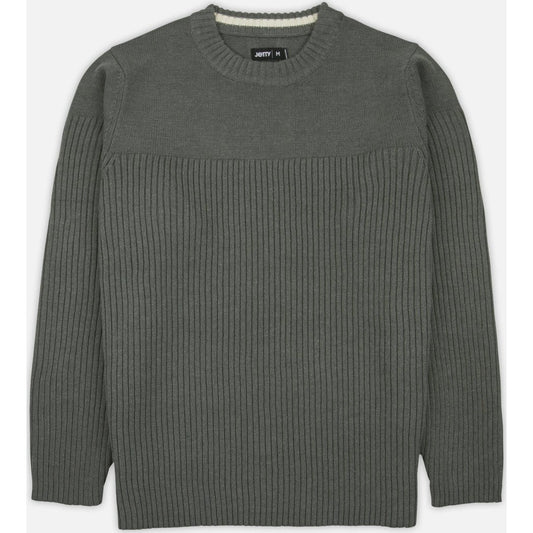 Front view of the Jetty Knox Rib Sweater in Charcoal showing the ribbed texture and crew neck against a white background.