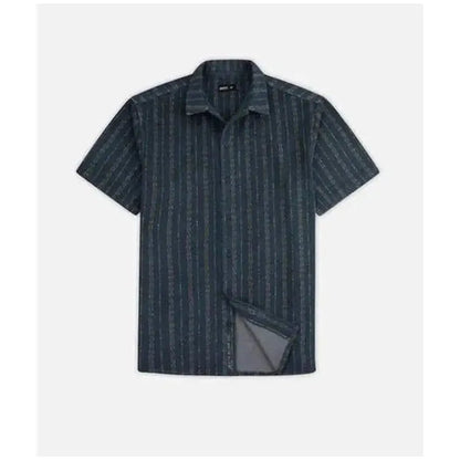 A front view of the Jetty Men's Asbury Knit Button Down in Navy with a folded hem and a white background.