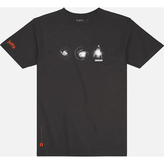 Front view of the Jetty Mens Blip Tee in Black showing three circular graphics on the chest and an orange logo on the sleeve.