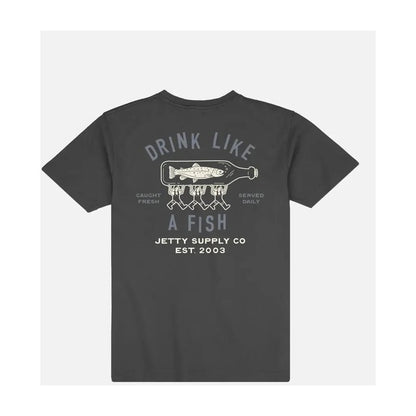 Back view of the Jetty Men's Bottle Service Tee in Navy showing the "Drink Like a Fish" graphic against a white background.