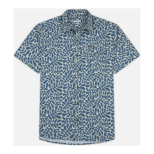 Front view of the Jetty Men's Garwood Woven SS in Blue showing the leaf pattern against a white background.