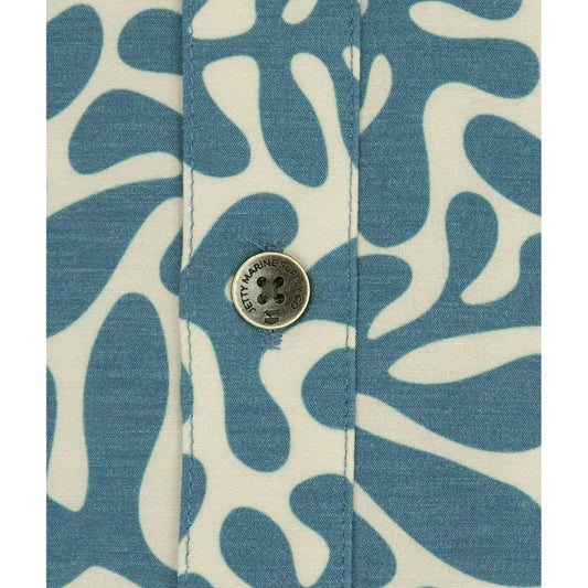Close-up of the Jetty Men's Garwood Woven SS in Blue showing the button and abstract pattern.