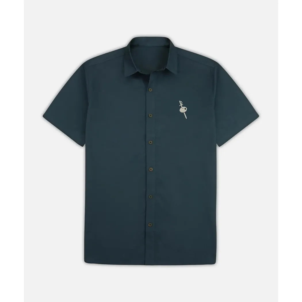 A front view of the Jetty Men's Maris Embroidered Shirt in Navy showing the embroidered key on the chest against a plain white background.