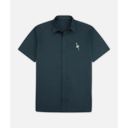 A front view of the Jetty Men's Maris Embroidered Shirt in Navy showing the embroidered key on the chest against a plain white background.