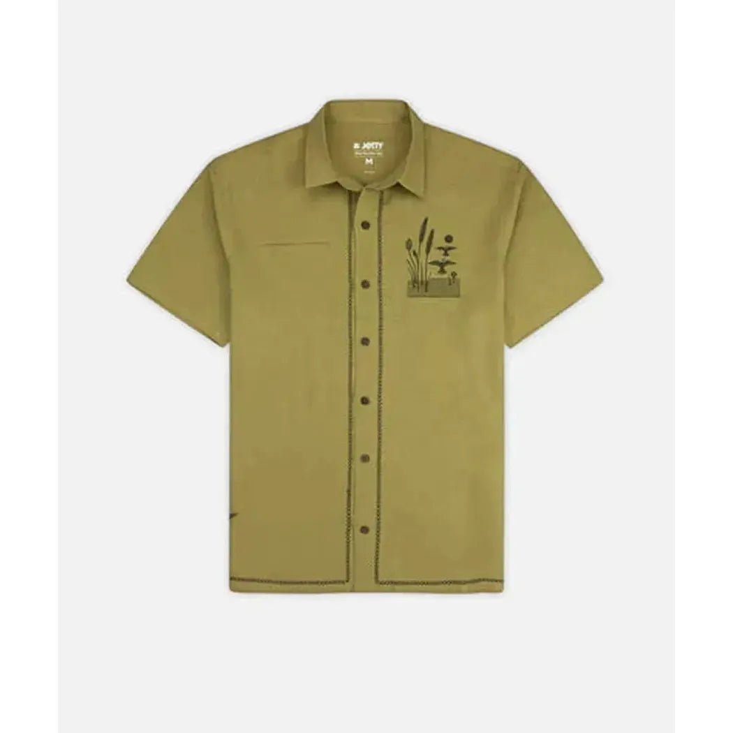 Olive Jetty Men's Marshall Embroidered Linen Shirt with short sleeves and a pocket, shown from the front against a white background.