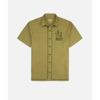 Olive Jetty Men's Marshall Embroidered Linen Shirt with short sleeves and a pocket, shown from the front against a white background.