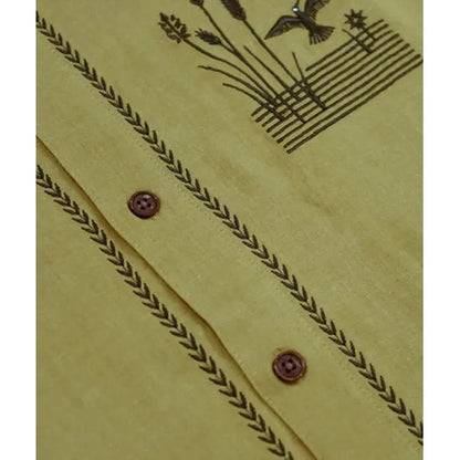 A close-up of the Jetty Men's Marshall Embroidered Linen Shirt in Olive showing the buttons and embroidery against a neutral background.