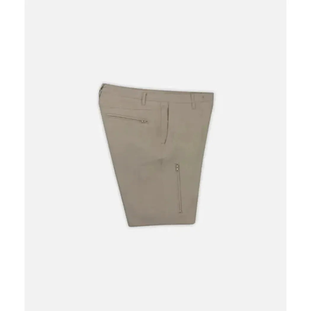 Side view of the Jetty Men's Polywog Hybrid Walkshort in Khaki showing the zippered pocket against a white background.