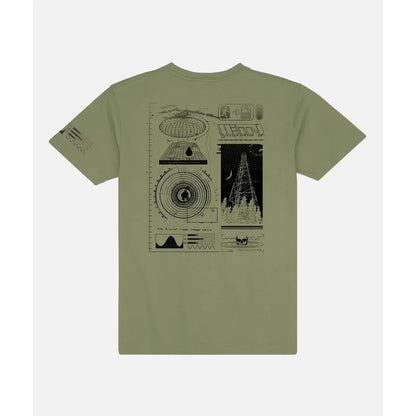 Back view of the Jetty Men's Radius Tee in Olive showing the graphic design on the back against a white background.