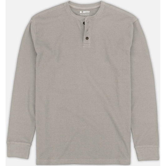 Front view of the Jetty Men's Seabed Waffle Henley Long Sleeve in Warm Grey with a button placket and long sleeves.