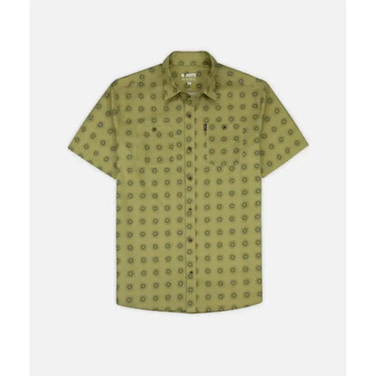 A front view of the Jetty Men's Seabrite Cotton Shirt in Navy with a patterned design and button front, shown against a plain white background.