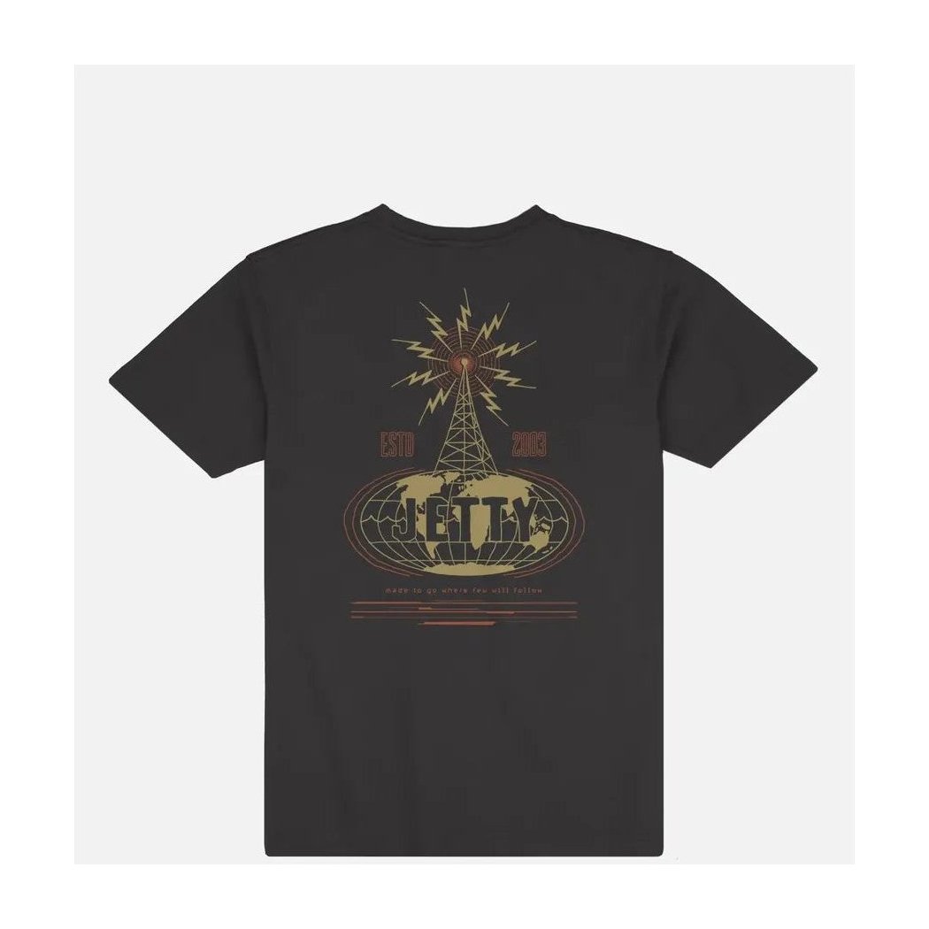 Back view of the Jetty Men's Transponder Tee in Black showing the graphic design on the back against a white background.