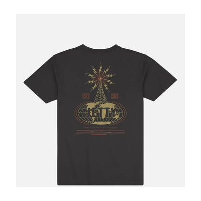 Back view of the Jetty Men's Transponder Tee in Black showing the graphic design on the back against a white background.
