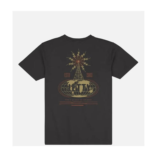 Back view of the Jetty Men's Transponder Tee in Black showing the graphic design on the back against a white background.