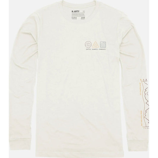 Front view of the Jetty Mens Triple Long Sleeve Tee in White showing the chest logo and sleeve graphic against a plain background.