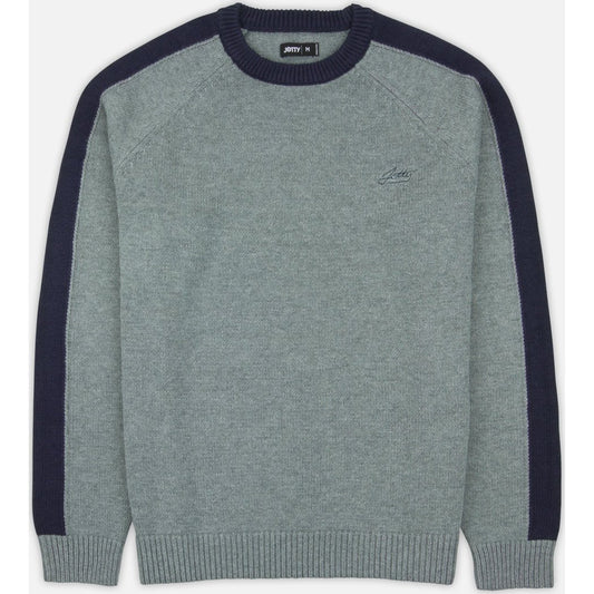 Front view of the Jetty Nova Striped Sleeve Sweater in Heather Grey with navy blue sleeves and a small logo on the chest.