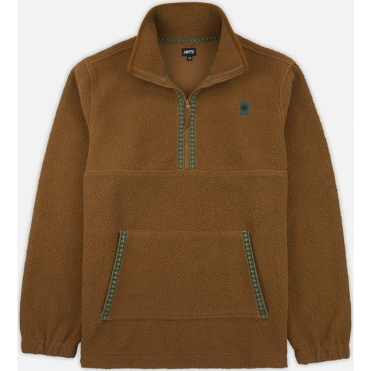 Front view of the Jetty Port Hi Pile Fleece in Brown showing the half-zip and chest pocket against a white background.