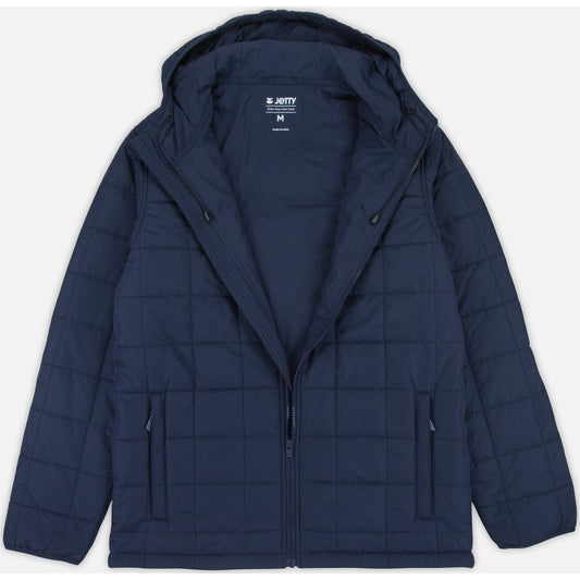Front view of the Jetty Puffer Coat in Navy showing the quilted design and hood against a white background.