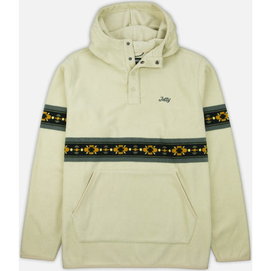 Front view of the Jetty Quintin Fleece Hoodie in Cream showing the chest pocket and floral stripe details.
